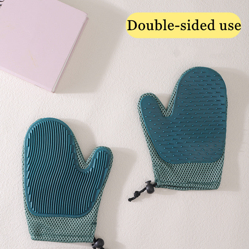 Teal oven mitts with text 'Double-sided use' on a light background